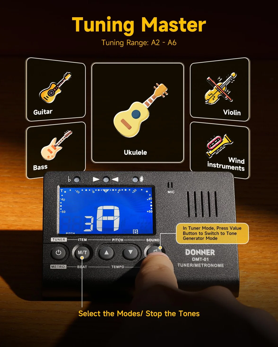 Donner Tuner metronomowy do wszystkich instrumentów, gitara, bas, skrzypce, ukulele, trąbka, chromatyczny, klarnet, flet, cyfrowy metronom 3 w 1, z tunerem/metronomem/generatorem tonów, DMT-01