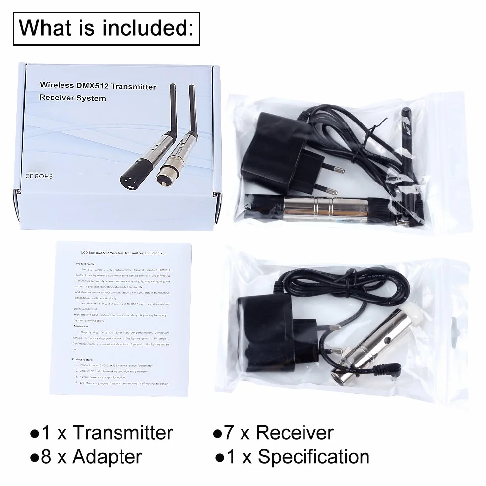 XLR nadajnik/odbiornik DMX512 2,4 GHz ISM z anteną do oświetlenia scenicznego 1 Sender 7 Empfänger